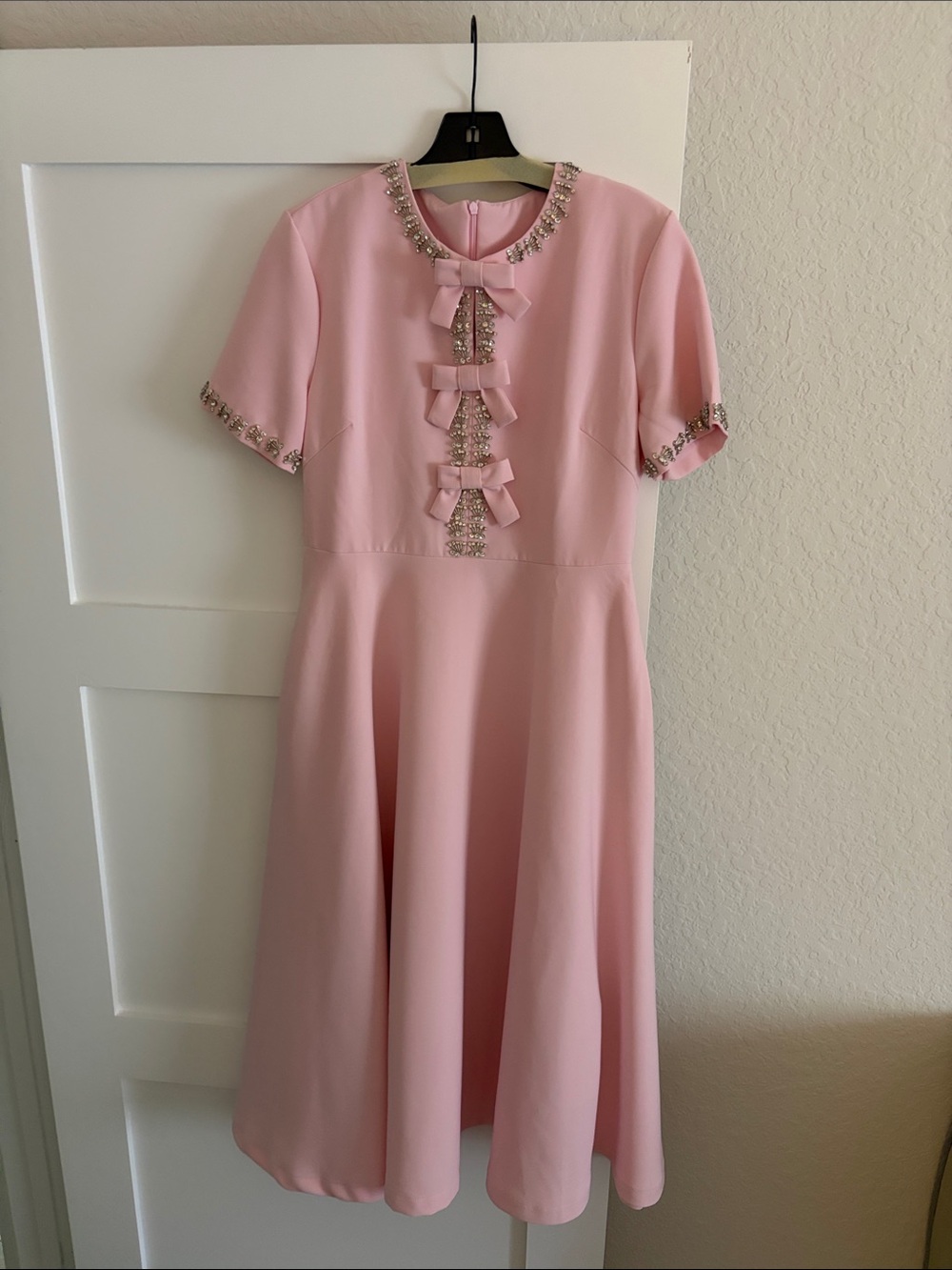 Pale Pink Bow & Jeweled Trim Formal Dress
